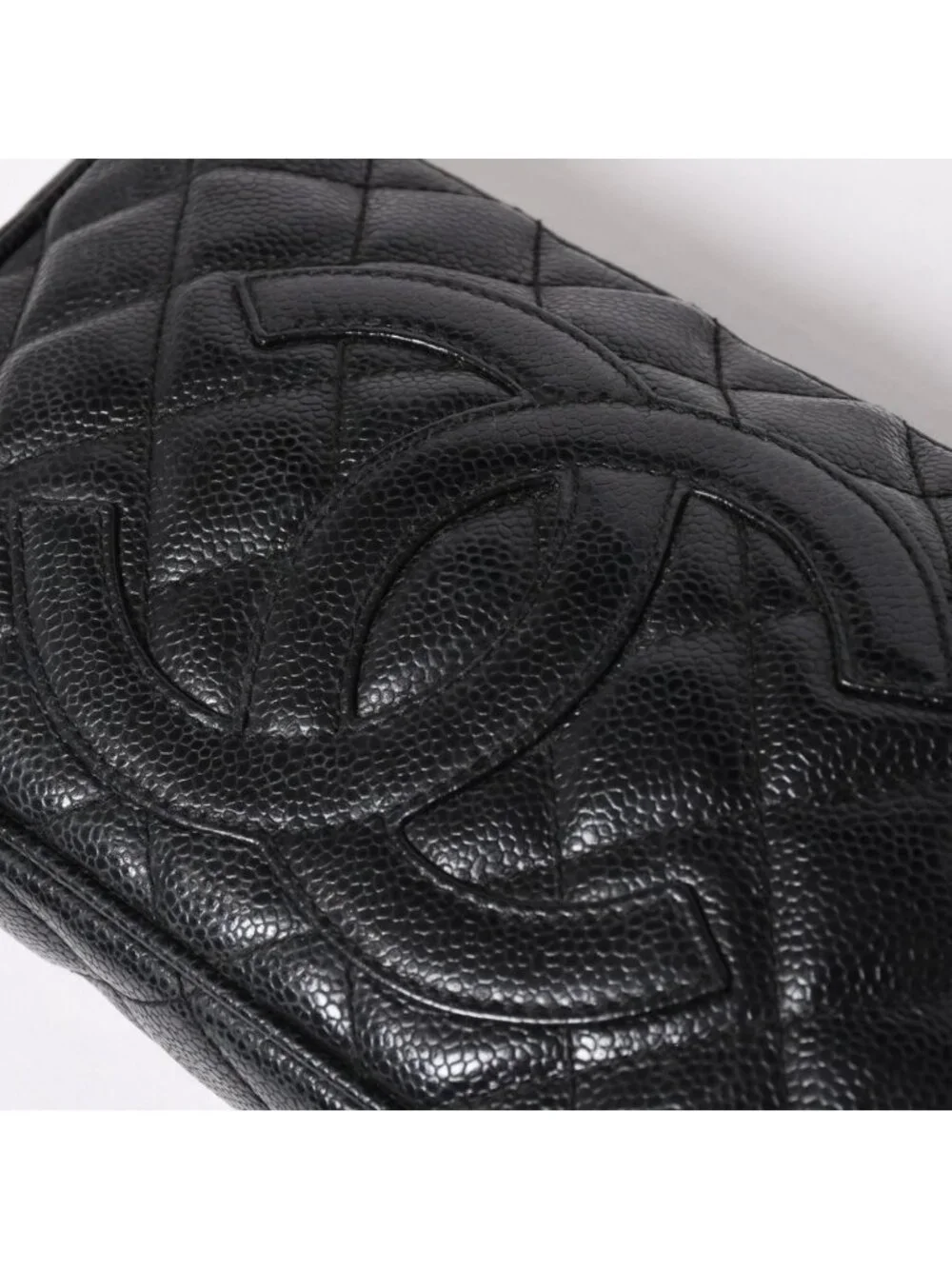 Chanel Chain Shoulder Bag Quilted Caviar Leather CC Logo Black Pouch